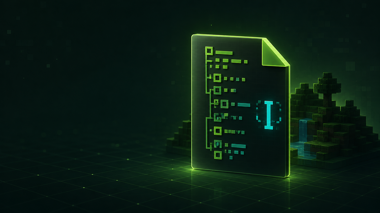 A glowing level.dat file with an edit cursor over a Minecraft world grid.